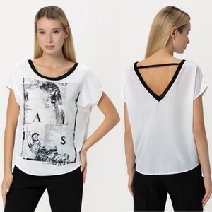 Zara Editorial Fashion Design Graphic Top Small V Back White Black Knit Trim